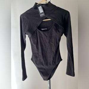 Nasty Gal Wrap Over High Neck Long Sleeve Rib BodySuit